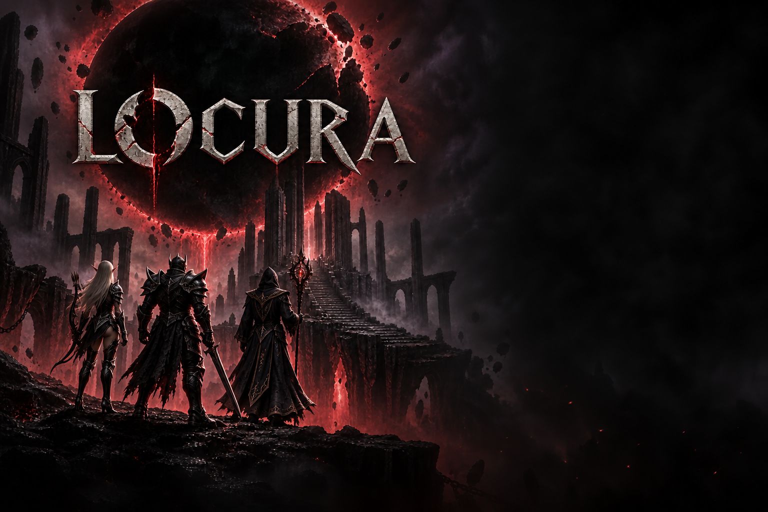 Elf, Dark Knight and Dark Wizard facing a crimson eclipse beneath the LOCURA wordmark